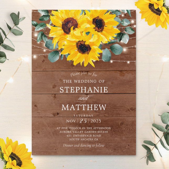 Sunflowers Eucalyptus String Lights Wood Wedding Invitation (Creator Uploaded)