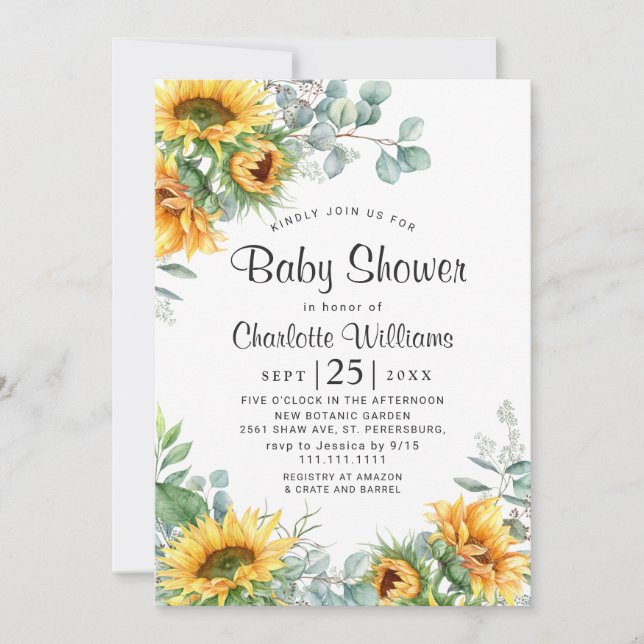 Sunflowers Eucalyptus Watercolor Baby Shower Invitation (Front)