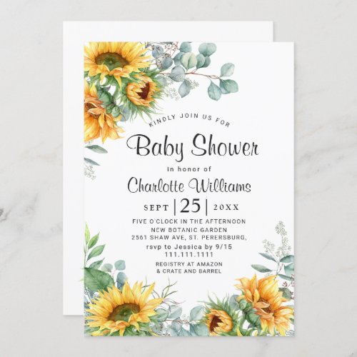 Sunflowers Eucalyptus Watercolor Baby Shower Invitation