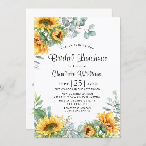 Sunflowers Eucalyptus Watercolor Bridal Luncheon Invitation