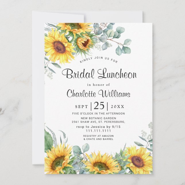 Sunflowers Eucalyptus Watercolor Bridal Luncheon Invitation (Front)
