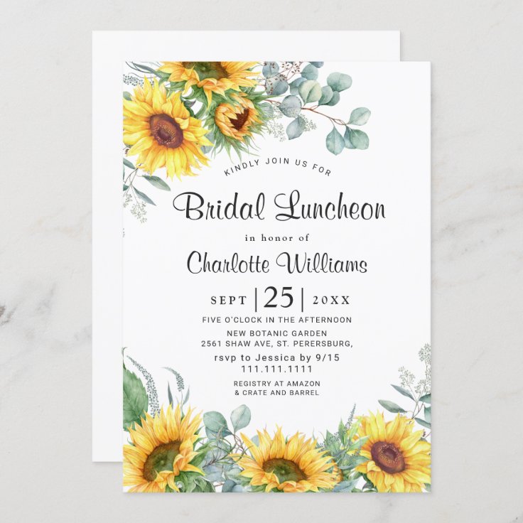 Sunflowers Eucalyptus Watercolor Bridal Luncheon Invitation | Zazzle