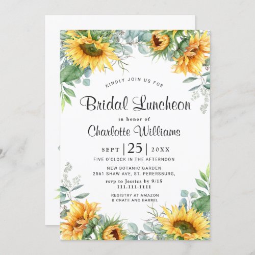 Sunflowers Eucalyptus Watercolor Bridal Luncheon Invitation