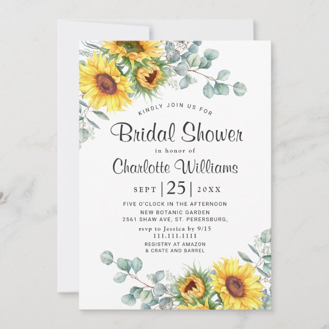 Sunflowers Eucalyptus Watercolor Bridal Shower Invitation (Front)
