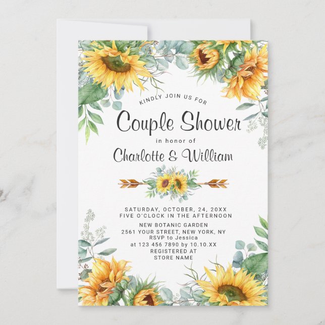 Sunflowers Eucalyptus Watercolor Couple Shower Invitation (Front)