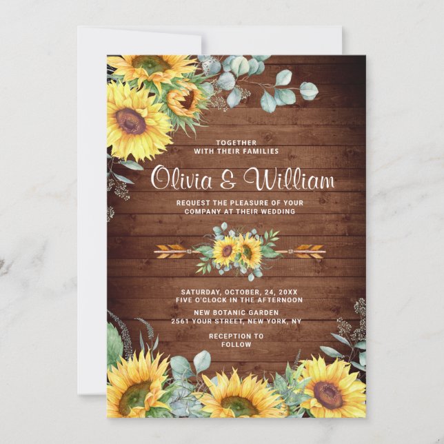 Sunflowers Eucalyptus Watercolor Rustic Wedding Invitation (Front)