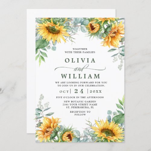 Sunflowers Eucalyptus Watercolor Rustic Wedding Invitation