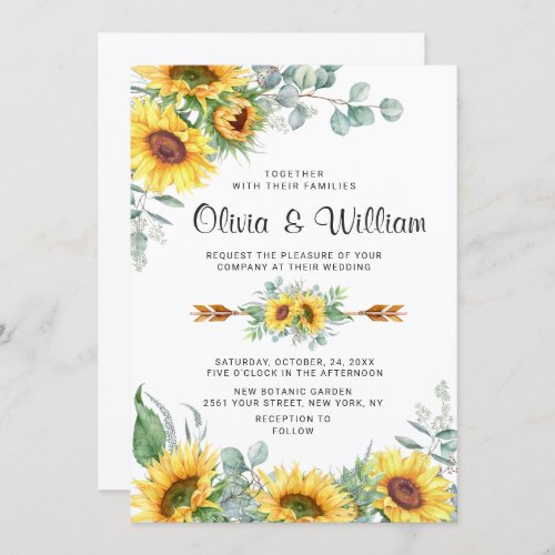 Sunflowers Eucalyptus Watercolor Rustic Wedding Invitation