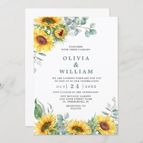 Sunflowers Eucalyptus Watercolor Rustic Wedding Invitation