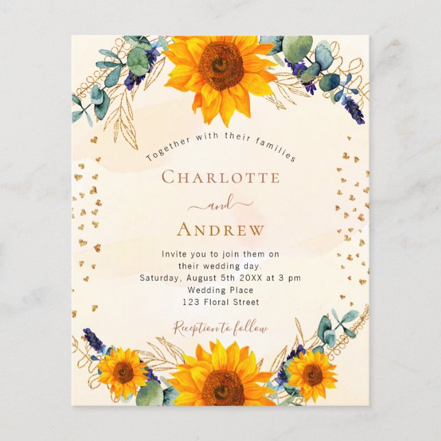 Sunflowers eucalyptus wedding budget invitation (Front)