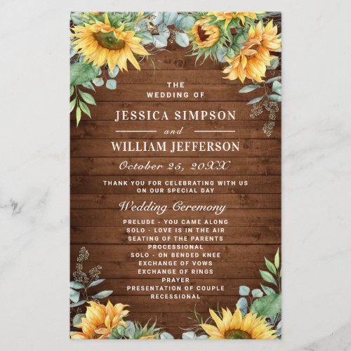 Sunflowers Eucalyptus Wedding Ceremony Program