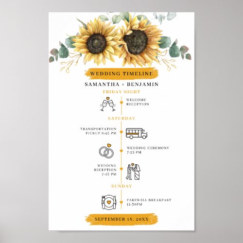Sunflowers Eucalyptus Wedding Day Timeline Program Poster