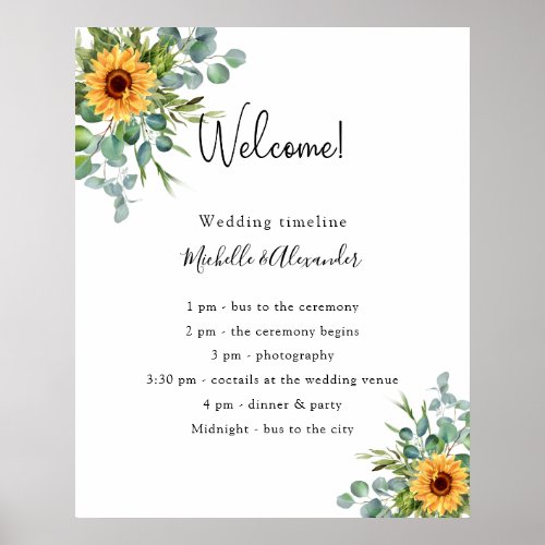 Sunflowers eucalyptus wedding program details poster