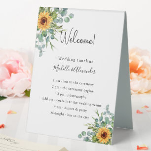 Sunflowers eucalyptus wedding program details table tent