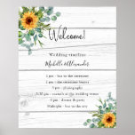 Sunflowers eucalyptus wedding program wood details poster<br><div class="desc">A modern,  elegant,  wedding program,  timeline.  Rustic white wood as background. Decorated with sunflowers,  green watercolored eucalyptus greenery.  Personalize and add your names and wedding details. Black colored letters.  If you have more text it's possible to reduce the line space.</div>