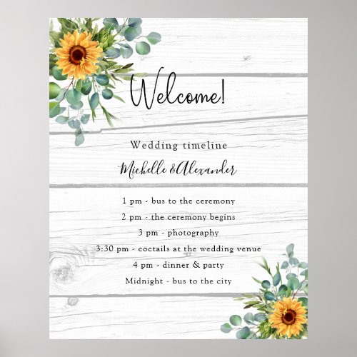 Sunflowers eucalyptus wedding program wood details poster
