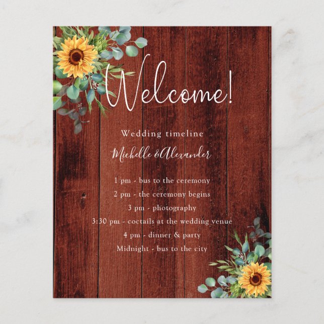Sunflowers eucalyptus wedding wood program details (Front)