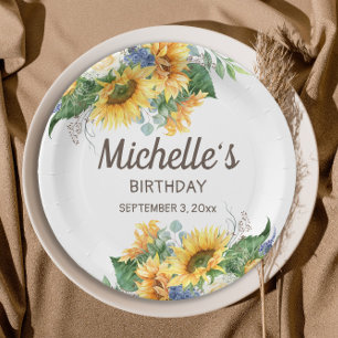 Sunflowers Eucalyptus Woman's Birthday Name Date Paper Plates