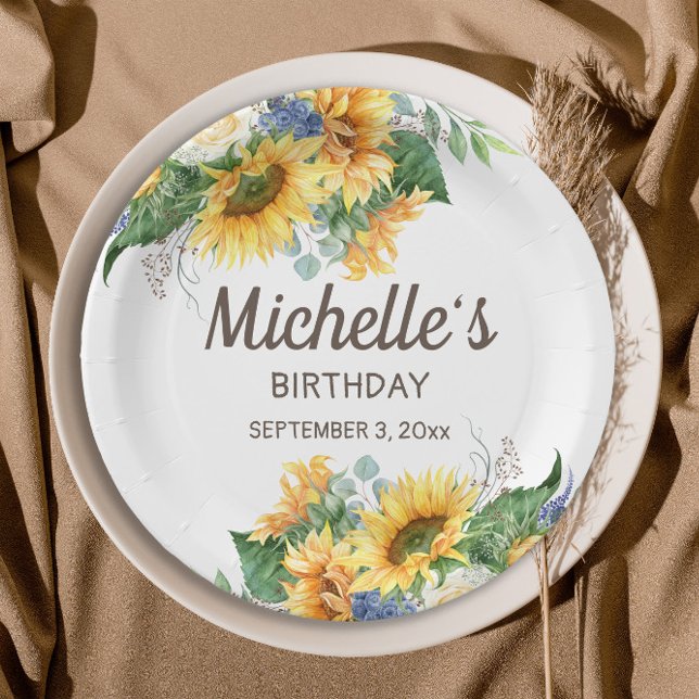 Sunflowers Eucalyptus Woman's Birthday Name Date Paper Plates (Sunflowers and eucalyptus birthday party paper plates)