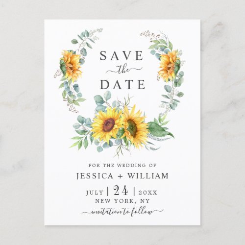 Sunflowers Eucalyptus Wreath Wedding Save the Date Postcard