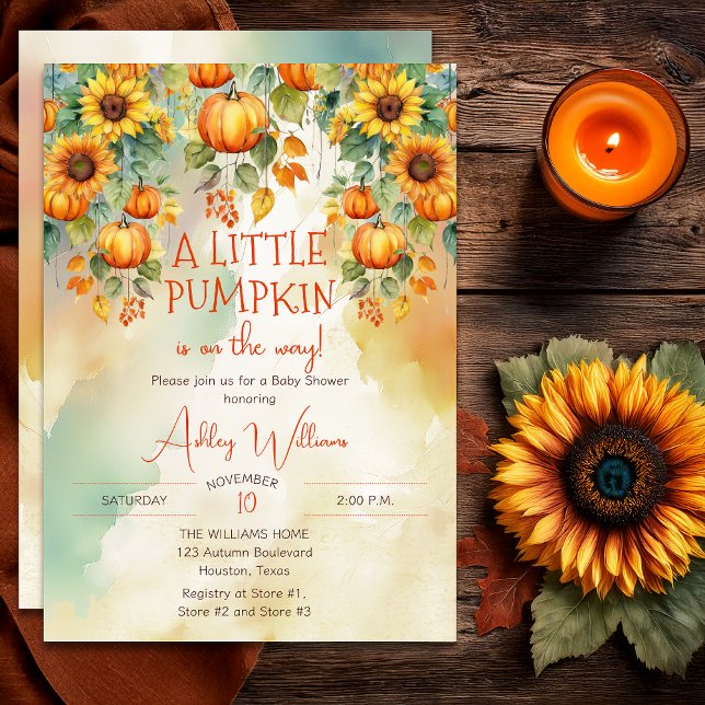 Sunflowers Fall A Little Pumpkin Baby Shower Invitation ("A Little Pumpkin Is On The Way!" Fall | Autumn Sunflowers and Pumpkins Baby Shower Invitation )