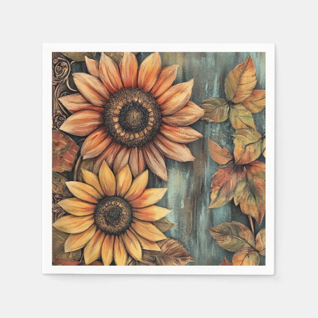 Sunflowers Fall Autumn Leaves Mixed Media Napkins (Front)
