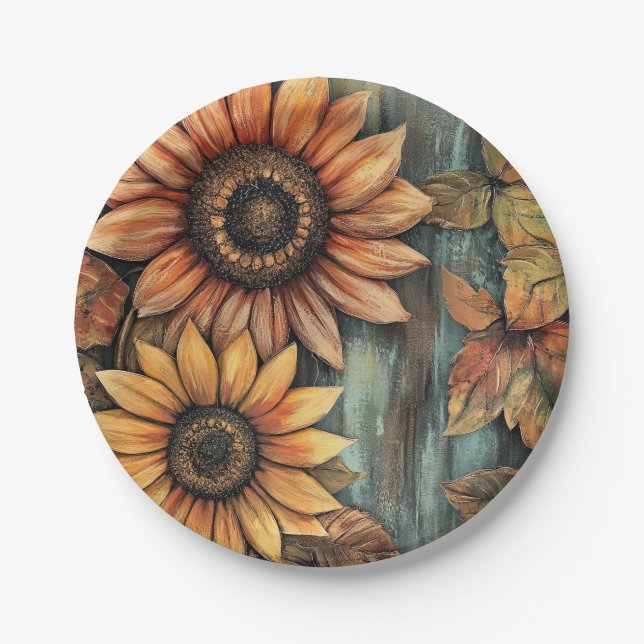 Sunflowers Fall Autumn Leaves Mixed Media Paper Plates (Front)