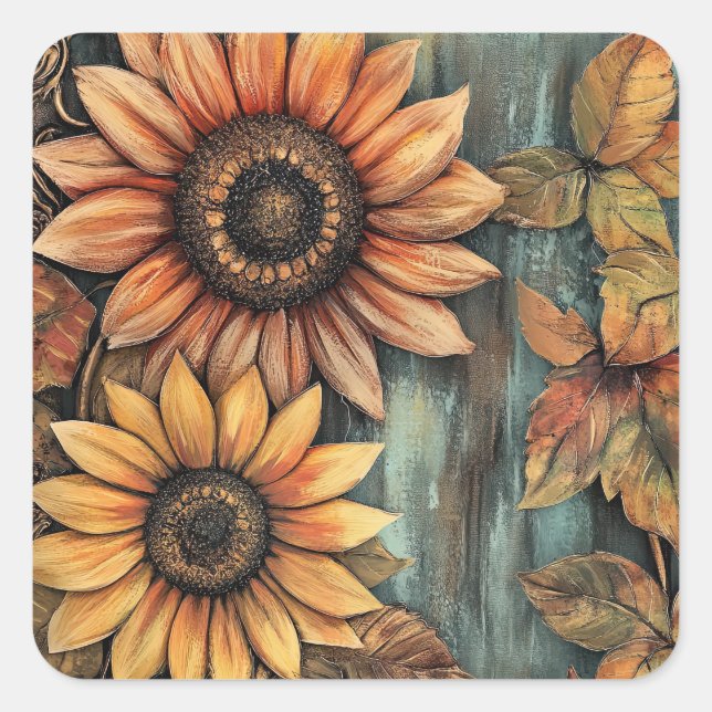Sunflowers Fall Autumn Leaves Mixed Media Square Sticker (Front)