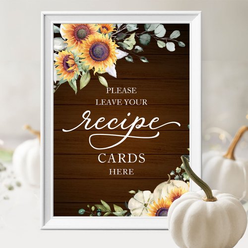 Sunflowers Fall Bridal Shower Recipe Cards Sign