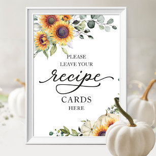 Sunflowers Fall Bridal Shower Recipe Cards Sign