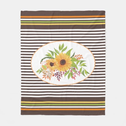 Sunflowers fall leaves berries and stripes fleece blanket