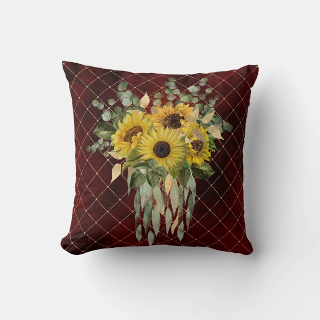 Sunflowers Fancy Burgundy and Gold Throw Pillow (Front)