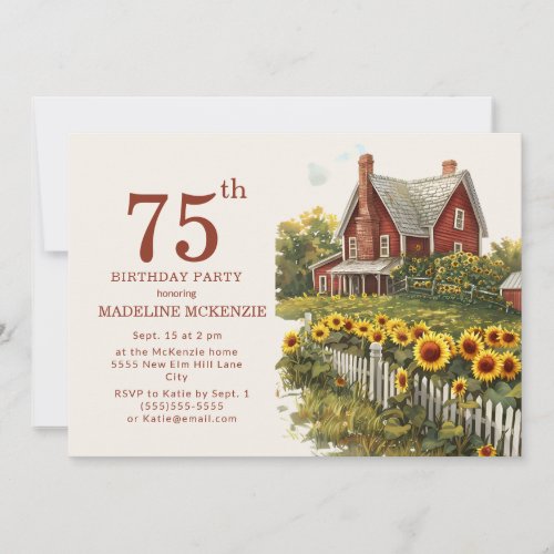 Sunflowers Farmhouse 75th Birthday Party  Invitation