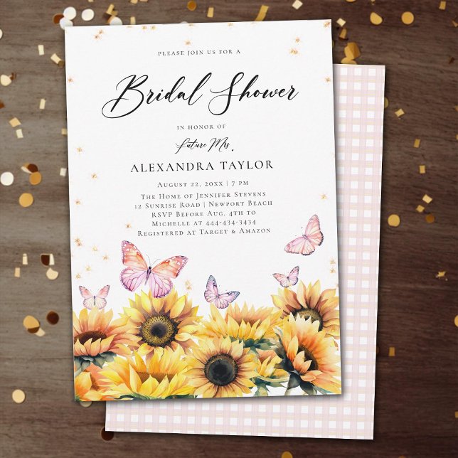Sunflowers Field Butterflies Rustic Bridal Shower Invitation (sunflowers butterflies rustic bridal shower invitation elegant boho romantic modern backyard garden)