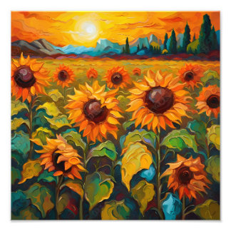 Sunflowers field on sunset photo print