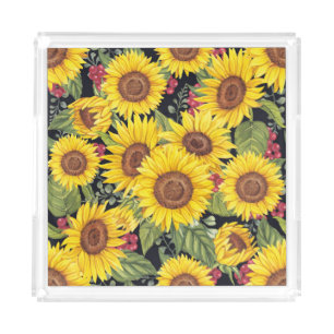 Sunflowers field: watercolor black background acrylic tray