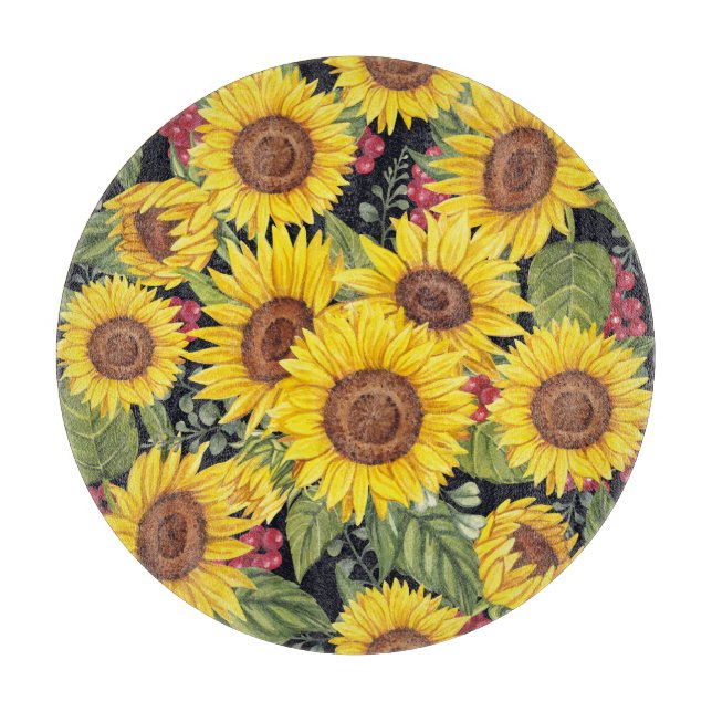 Sunflowers field: watercolor black background cutting board (Front)