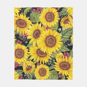 Sunflowers field: watercolor black background fleece blanket