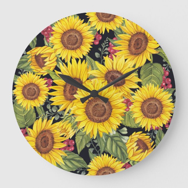 Sunflowers field: watercolor black background large clock (Front)