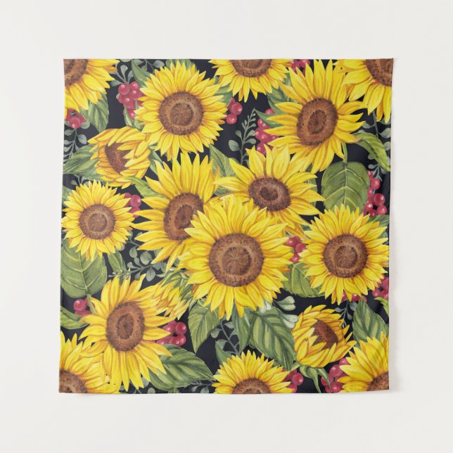 Sunflowers field: watercolor black background tapestry (Front)