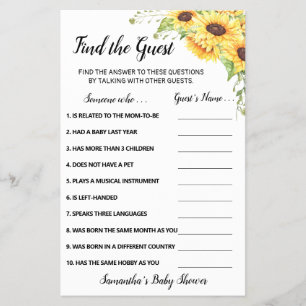 Sunflowers Find the Guest Baby Shower Game Card Flyer