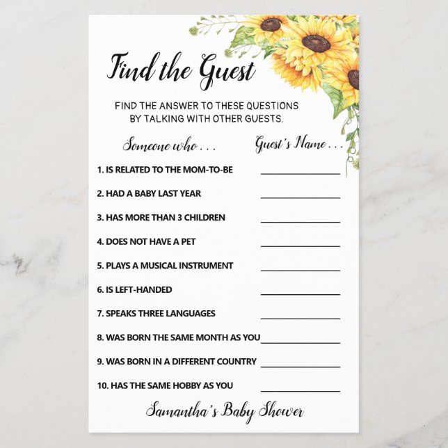 Sunflowers Find the Guest Baby Shower Game Card Flyer (Front)