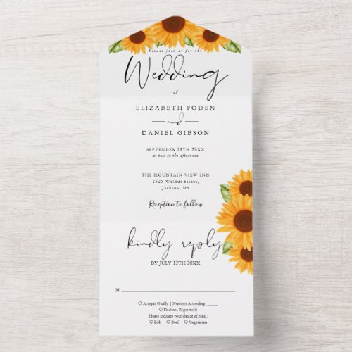 Sunflowers Floral Elegant Script Wedding All In One Invitation