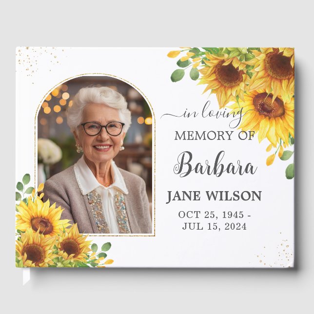 Sunflowers Floral Gold Memorial Funeral Photo Guest Book (Front)