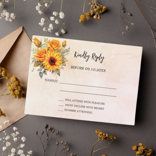 Sunflowers floral greenery wedding RSVP Note Card
