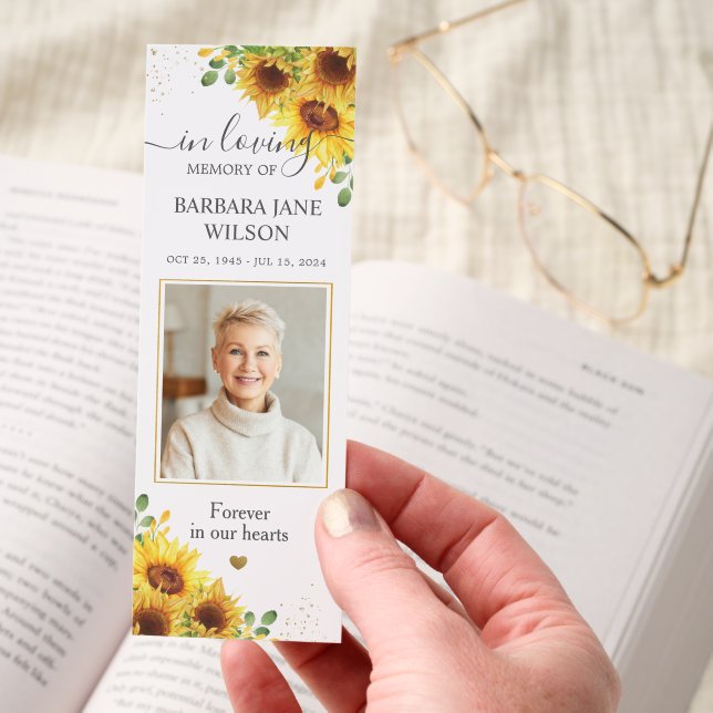 Sunflowers Floral Photo Funeral Memorial Bookmark (Hand)