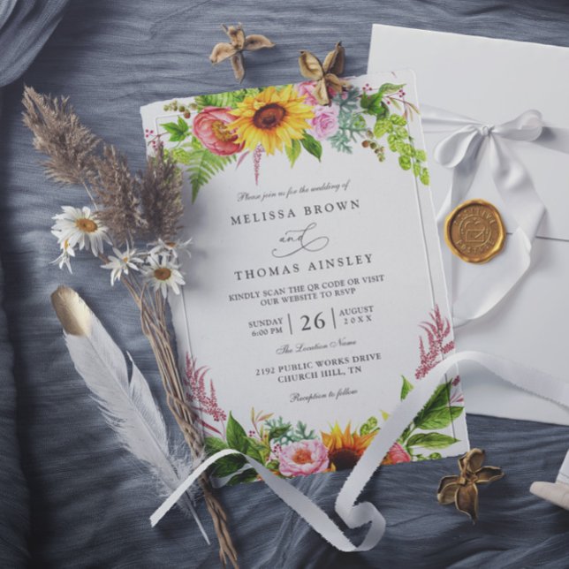 Sunflowers Floral Pink Rustic Chic QR Code Wedding Invitation (Creator Uploaded)