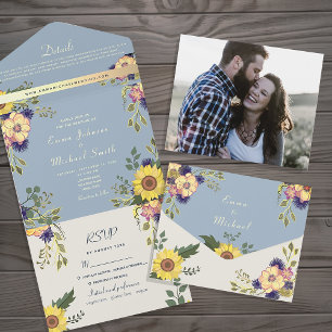 Sunflowers Floral Rustic Dusty Blue Wedding All In One Invitation