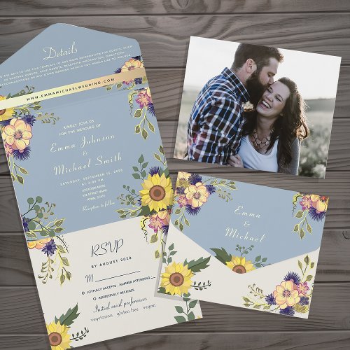 Sunflowers Floral Rustic Dusty Blue Wedding All In One Invitation