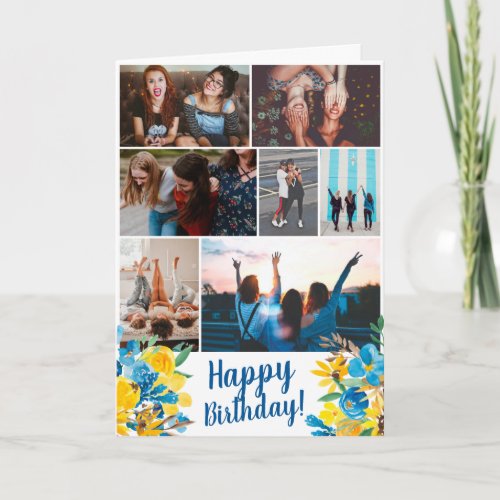 Sunflowers floral watercolor birthday 7 photo grid card